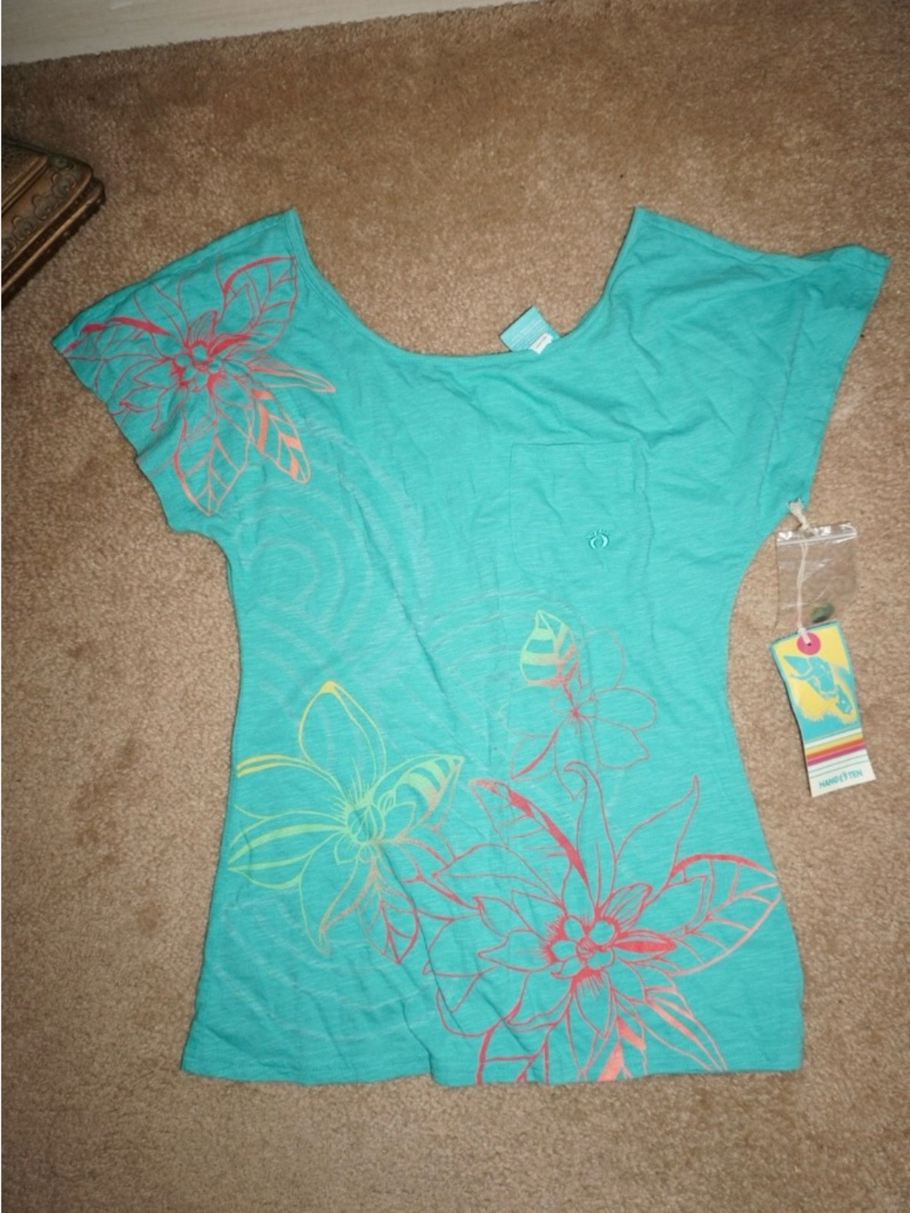 Hang Ten Teal Floral Scoop Neck Short Sleeve Top